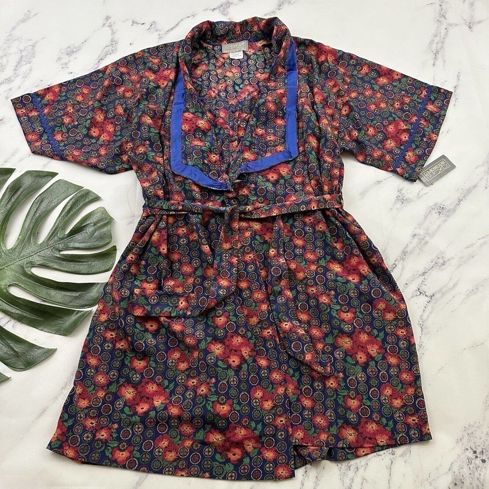 R Michael Alan Womens Vintage 3 Piece Pajama Set Size M NOS Red Blue Robe Pjs